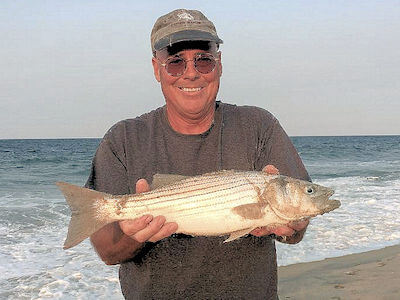 Beach angler shows off striped bass.